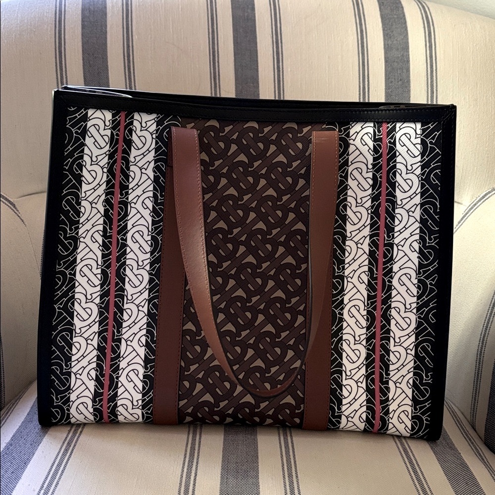 Burberry E-Canvas TB Monogram Stripe Medium Book Tote